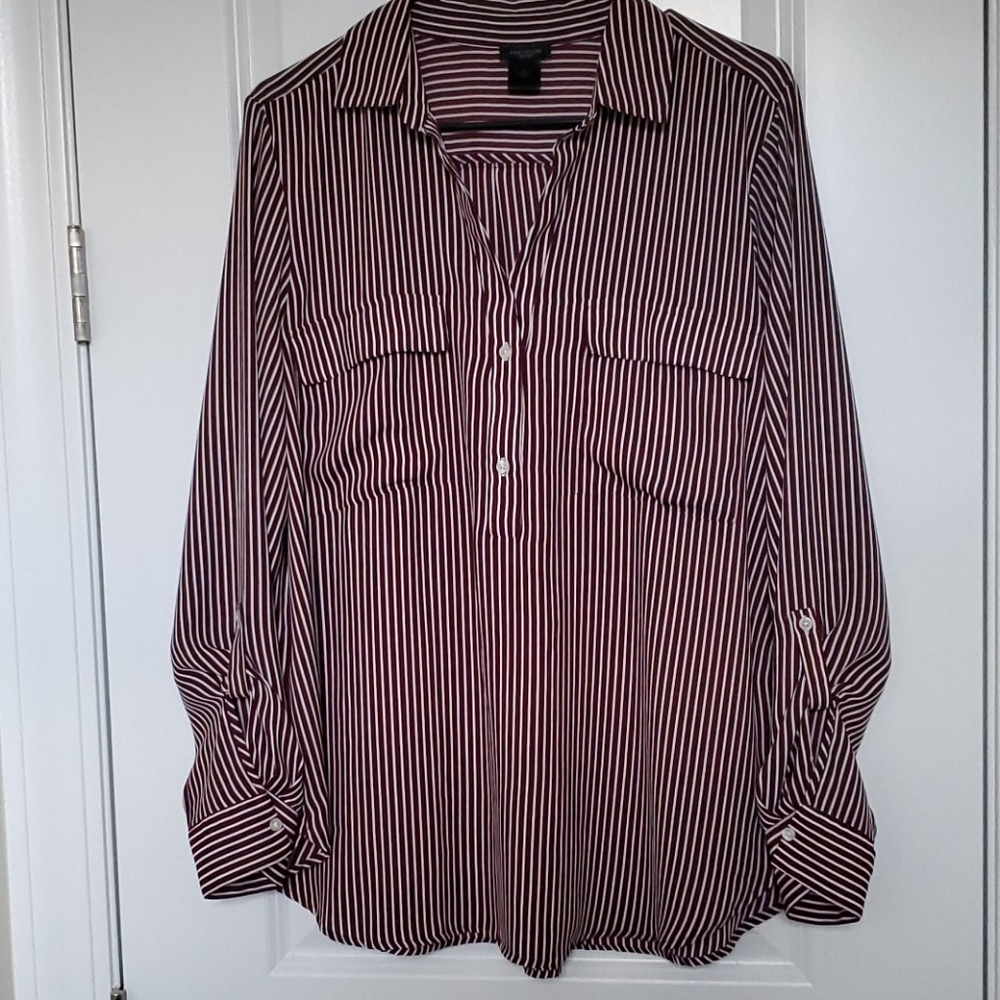 Ann Taylor blouse XL polyester maroon white stripe